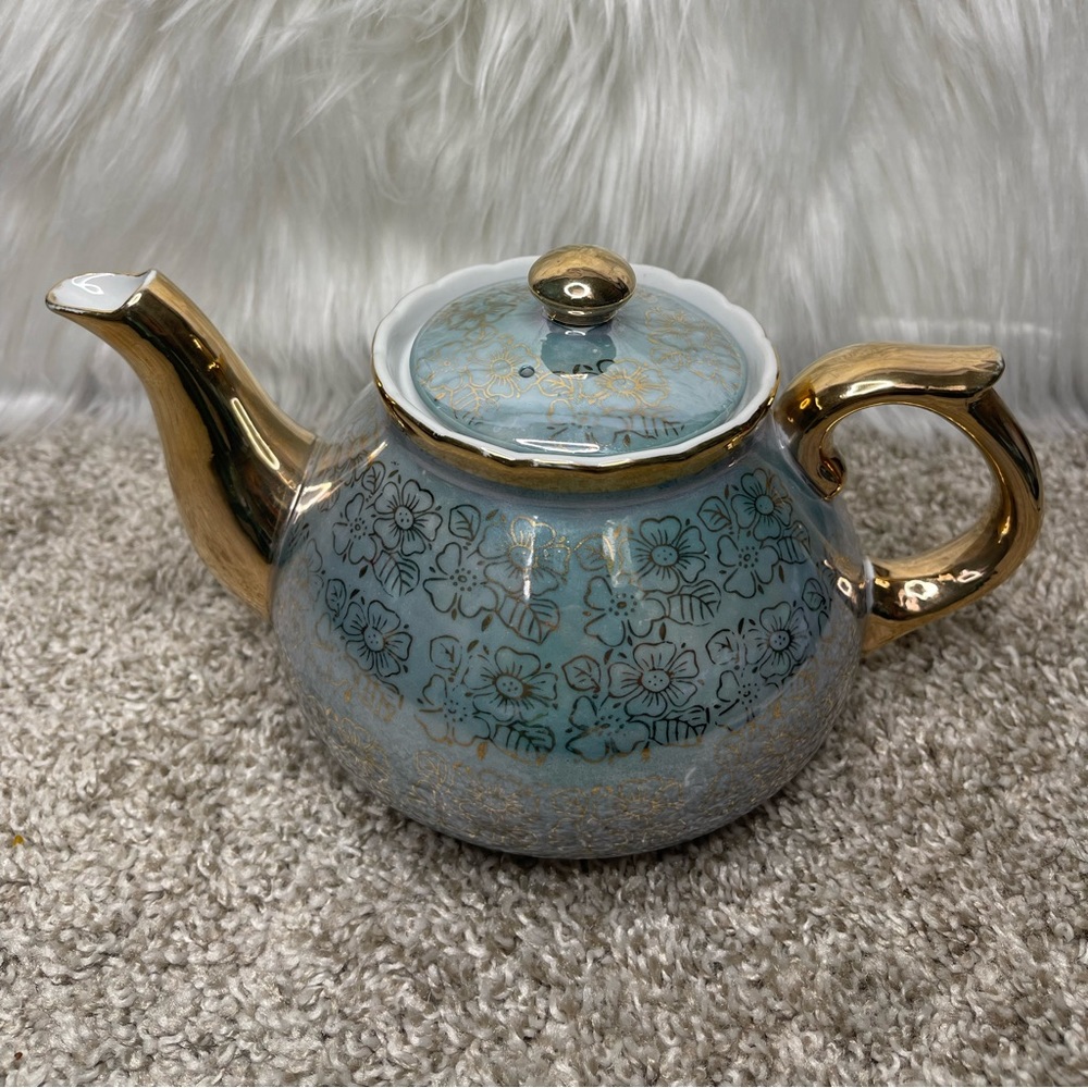 Vintage 1960 nasco products japan blue lusterware gold floral teapot Asia